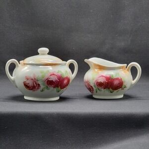 Vintage NPS Silesia German Porcelain Creamer & Sugar Bowl Set Roses Lusterware